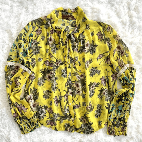 Anthropologie Varun Bahl Vibrant Yellow Floral Neck Tie Blouse Women’s Small - Picture 4 of 8